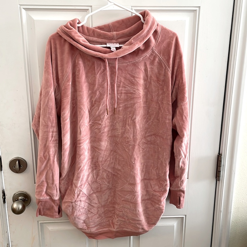 Cowl neck, faux velvet, seersucker side maternity sweater dusty pink!